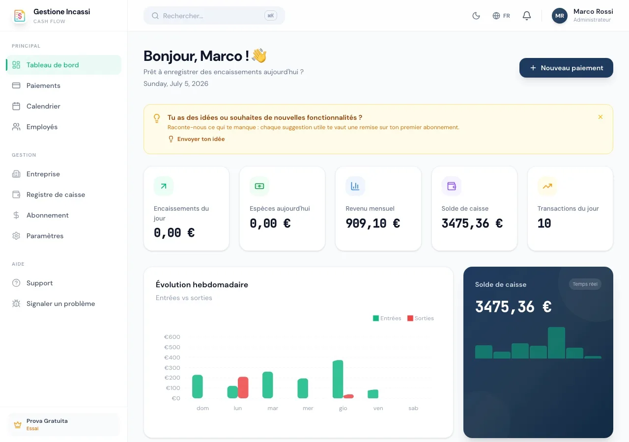 Tableau de bord Gestione Incassi avec statistiques quotidiennes et tendance hebdomadaire